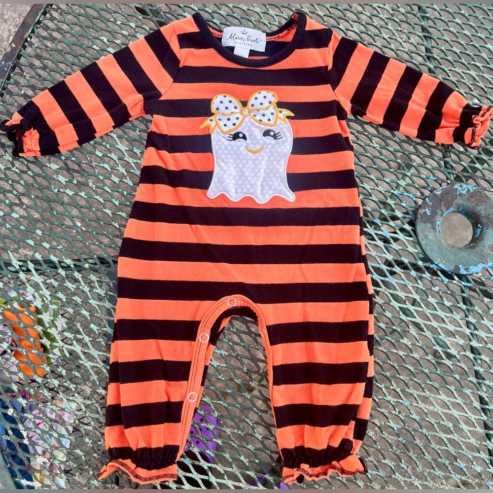 Baby girl ghost bow Halloween romper 3-6 month orange black stripe polka dot